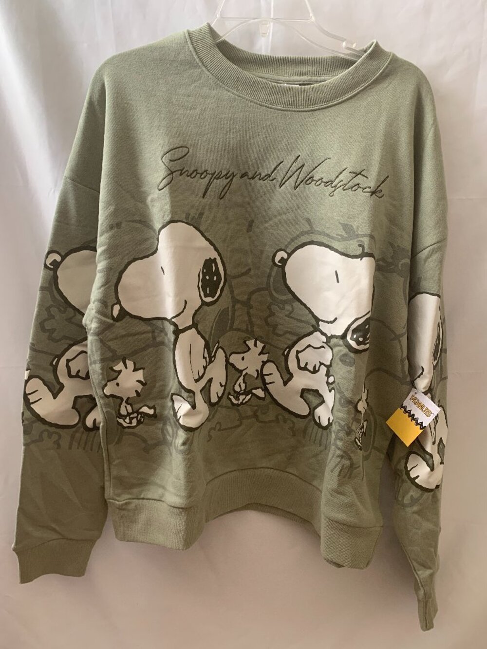 PEANUTS Snoopy & Woodstock Jumbo Crew Neck Sweater in Green Sz MEDIUM